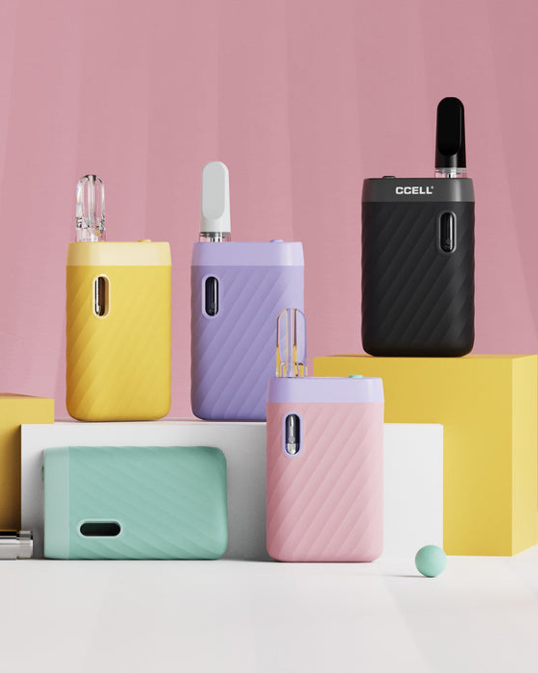 Ccell Sandwave battery vapes in black, yellow, lavender, and coral pink.