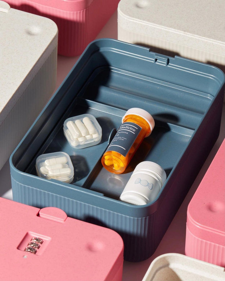 Medications securely stashed in a lockable stash box.
