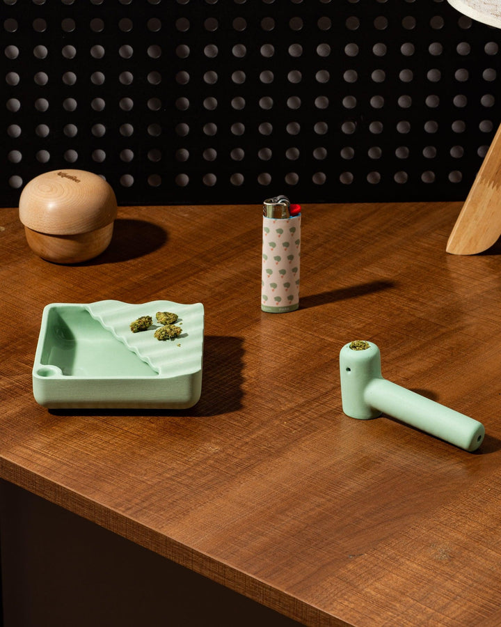 jaunt ceramic ripple ashtray and twig pipe in mint green with allume shroomie grinder